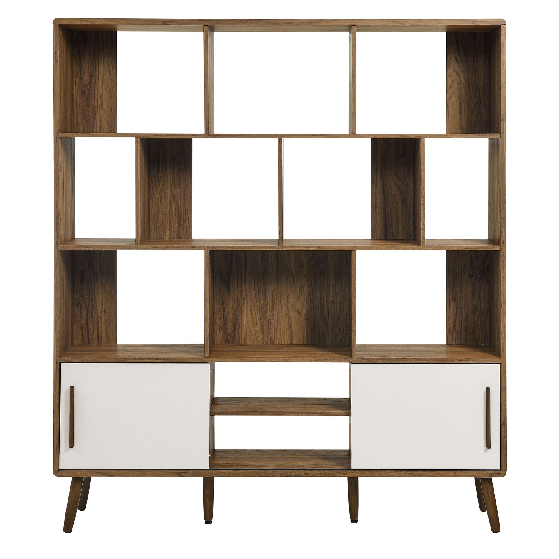 Walnut wood bookcase with sliding doors, open cubbies above, & tapered mid-century legs.