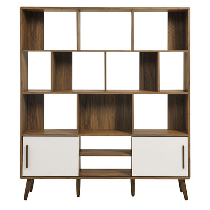 Walnut wood bookcase with sliding doors, open cubbies above, & tapered mid-century legs.