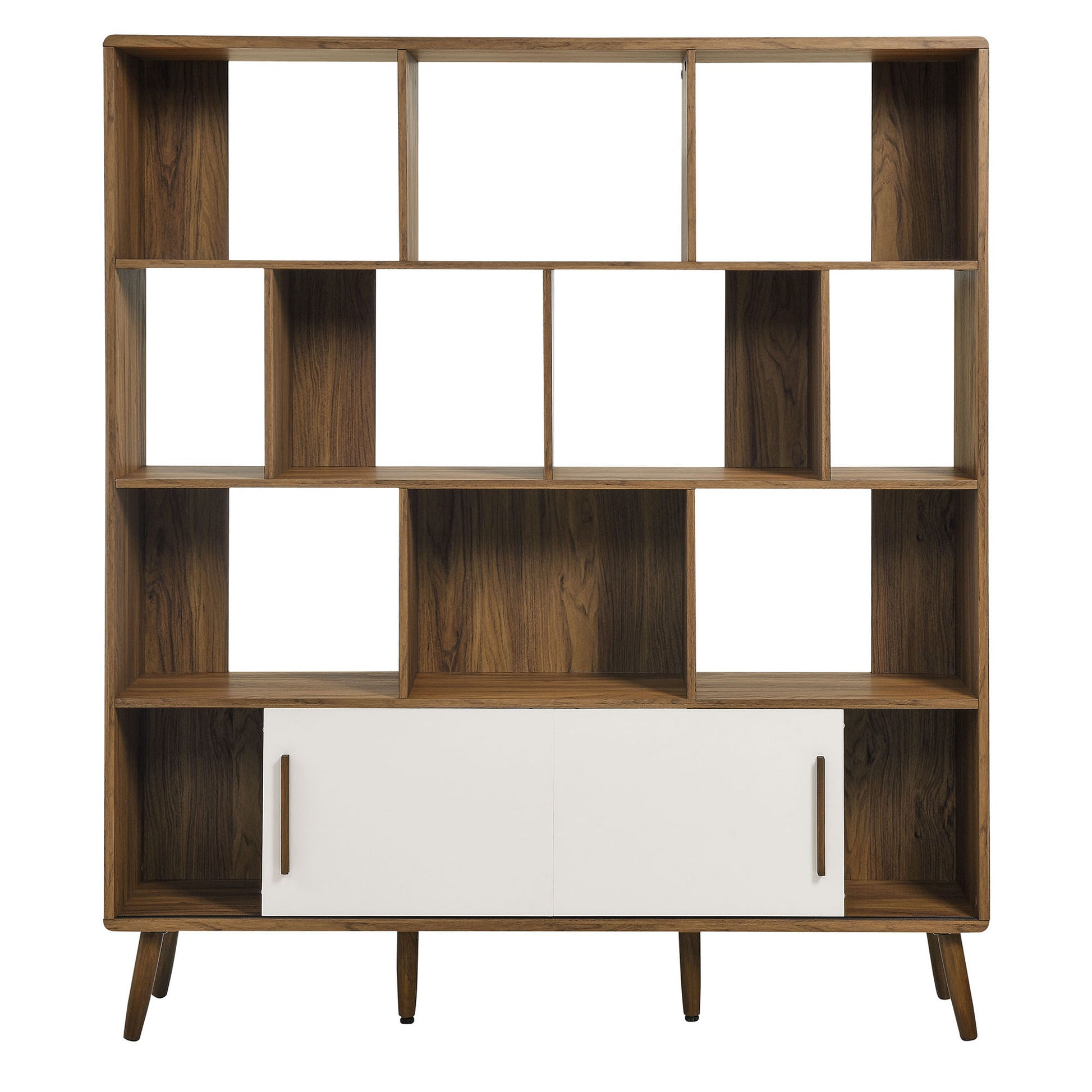 Walnut-finish mid-century bookcase with multiple open cubbies and sliding doors, angled legs.
