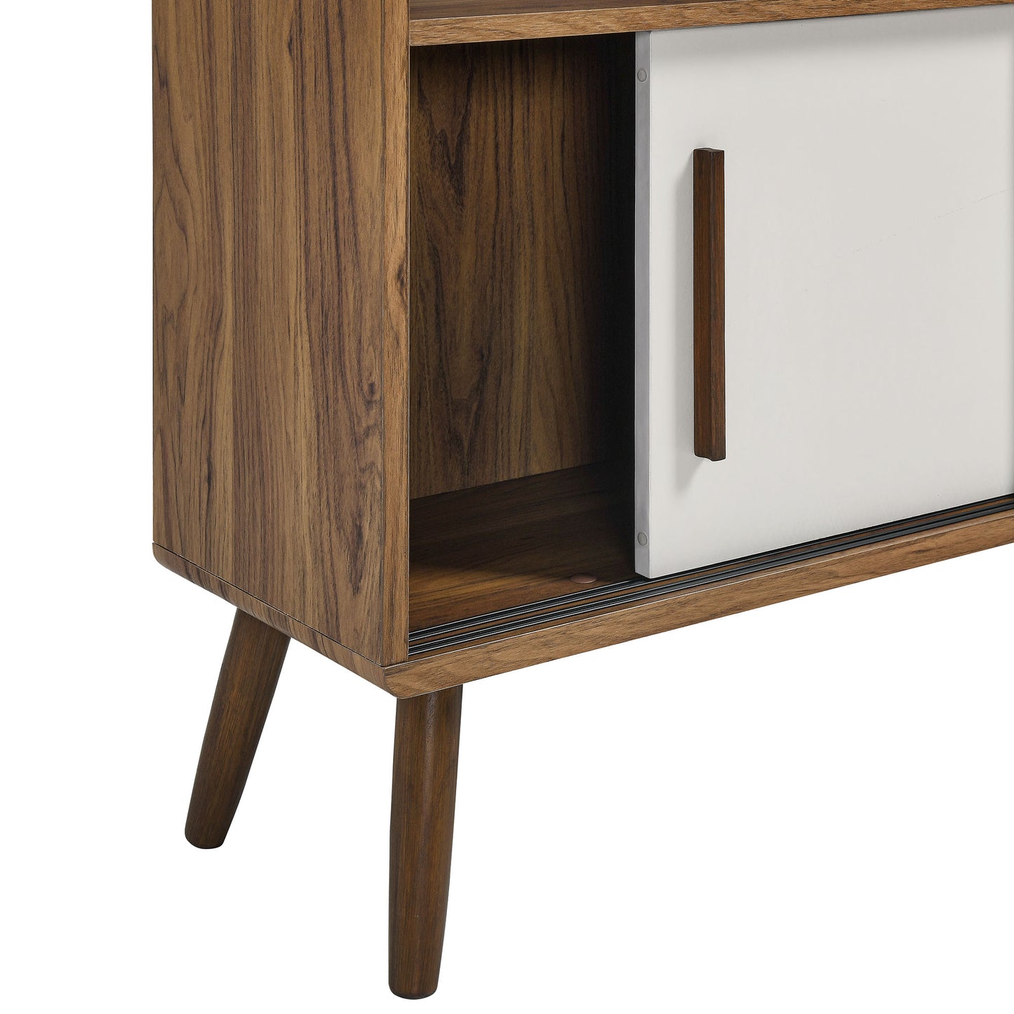 Mid-century walnut wood bookcase with sliding doors, open shelf on the left, tapered legs