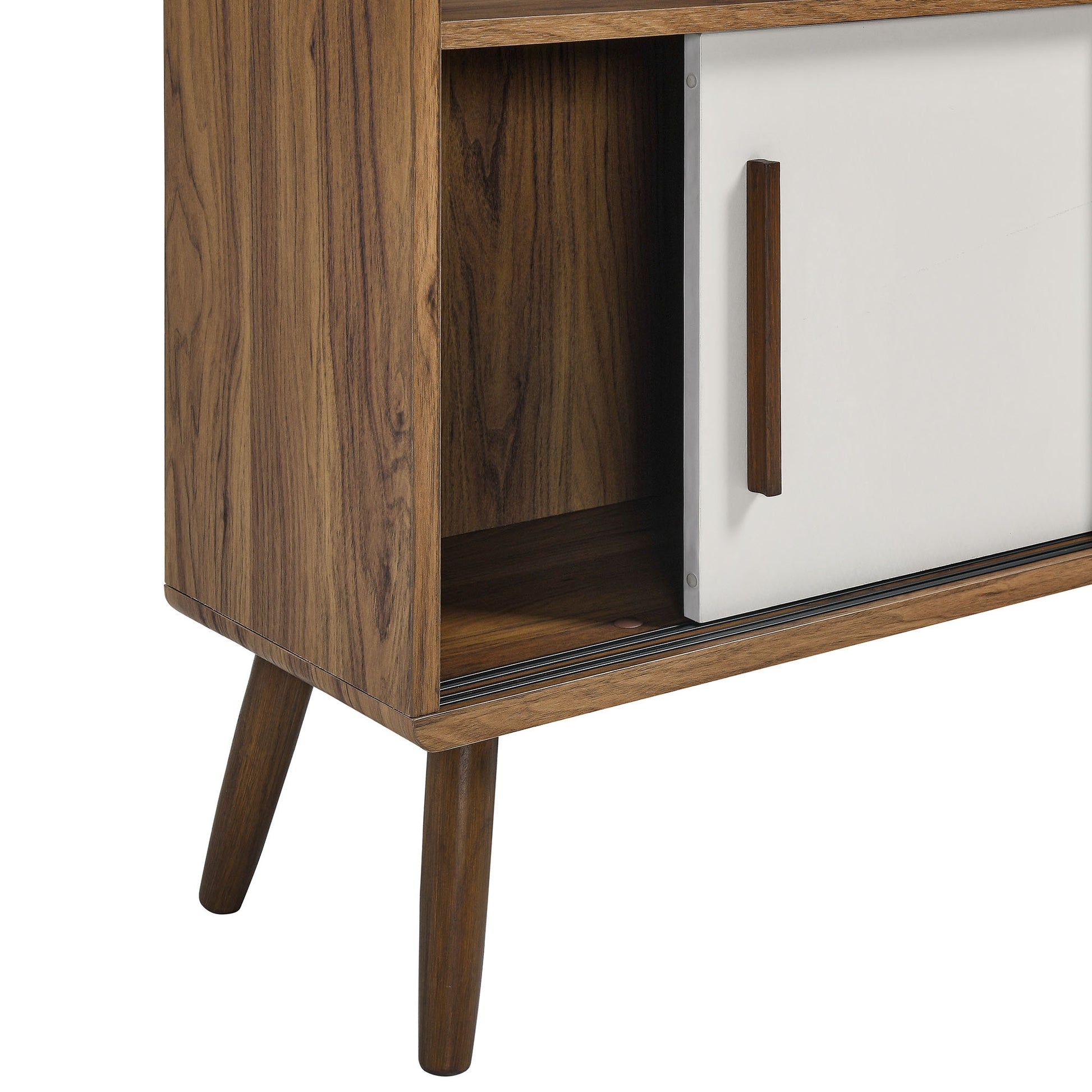 Mid-century walnut wood bookcase with sliding doors, open shelf on the left, tapered legs