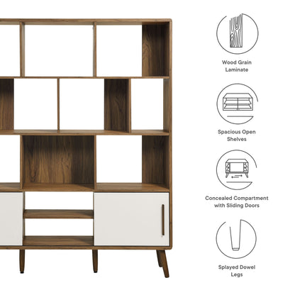 Walnut wood-grain bookcase with sliding doors, open shelves, and splayed legs.