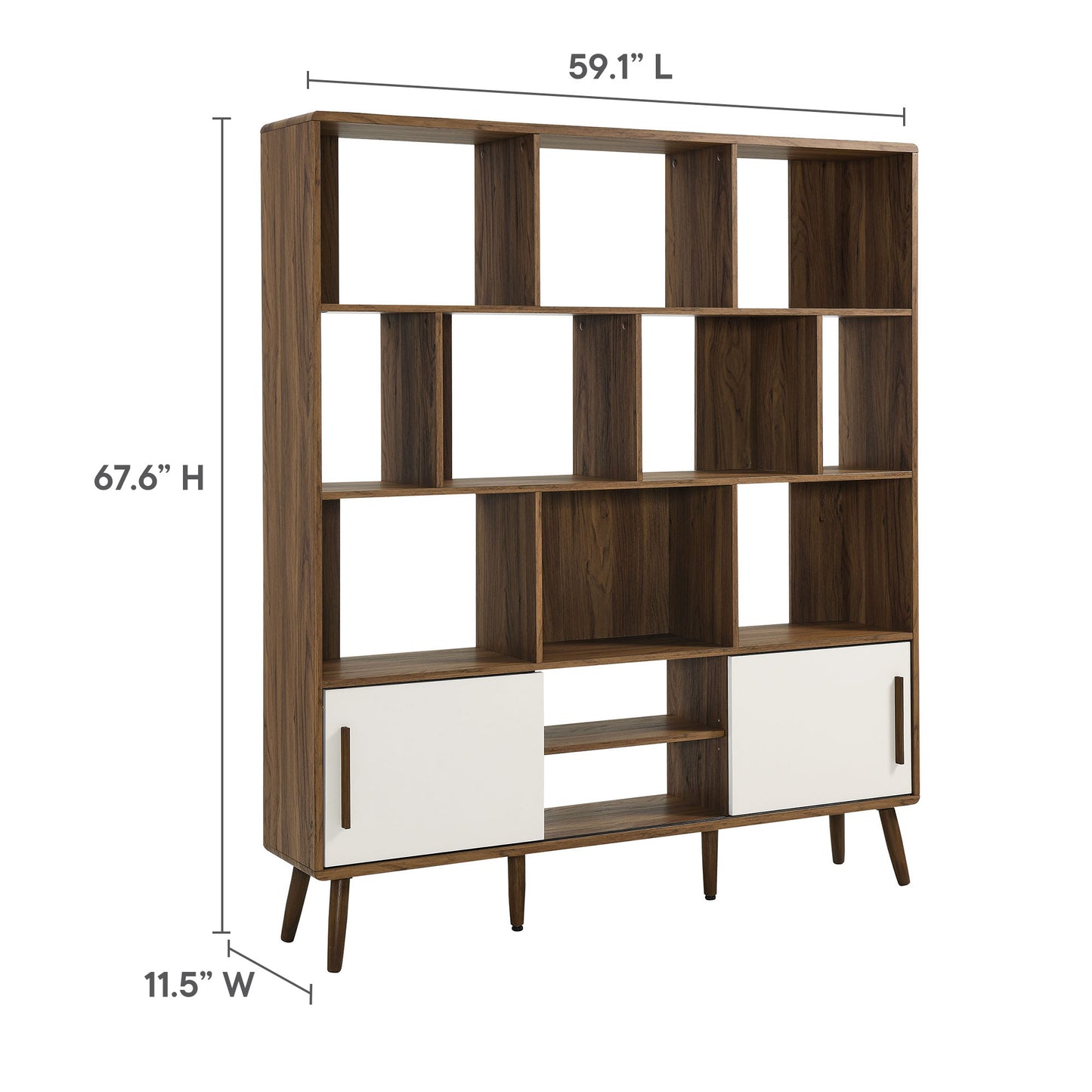 Walnut-finish wood bookcase with open cubbies and two white panel doors; mid-century legs, 67.6"H x 59.1"L x 11.5"D