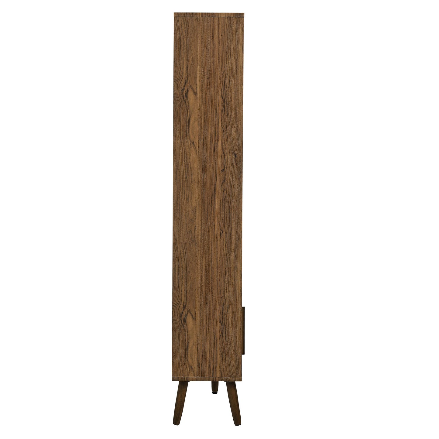 Tall walnut-finish wood bookcase with slim vertical profile and sliding doors; mid-century modern tapered legs.