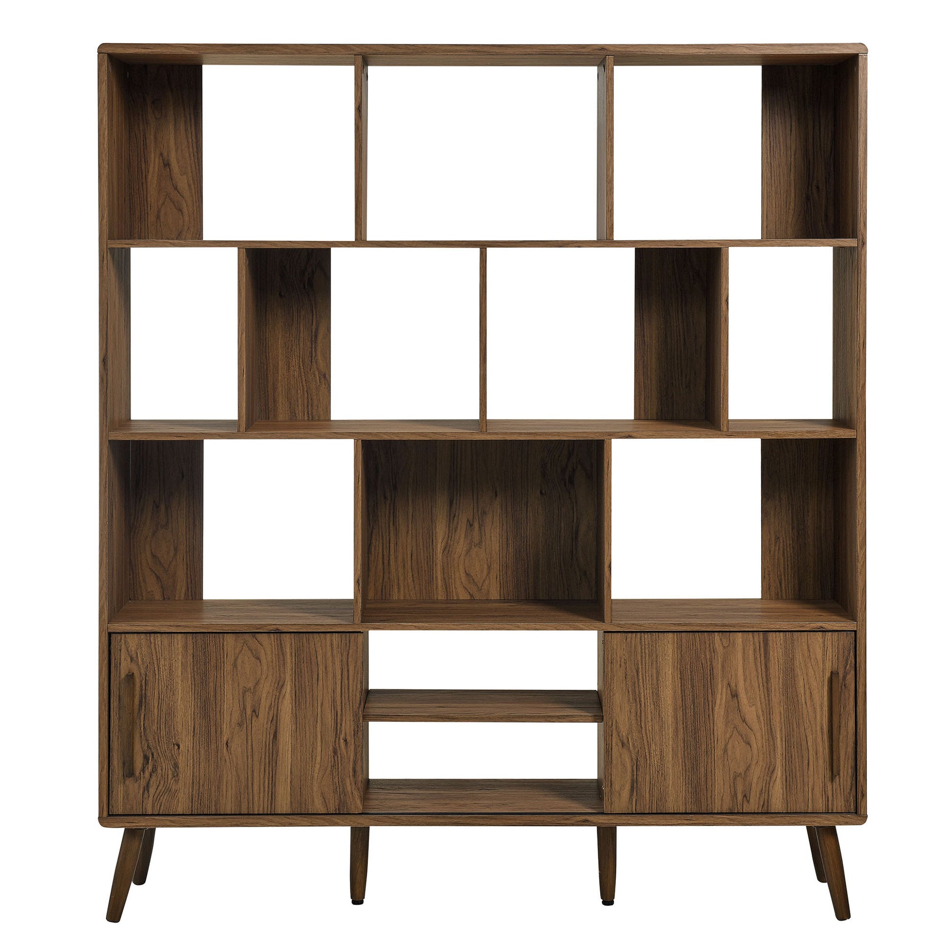 Walnut veneer mid-century bookcase with sliding doors, 59" tall, open cubbies, central shelves and bottom cabinets, tapered legs.