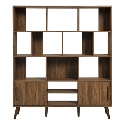 Walnut veneer mid-century bookcase with sliding doors, 59" tall, open cubbies, central shelves and bottom cabinets, tapered legs.