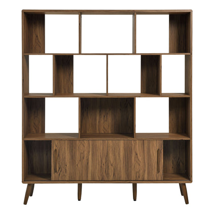 Walnut mid-century bookcase with four angled legs, open cubbies on upper shelves and sliding doors on the bottom section