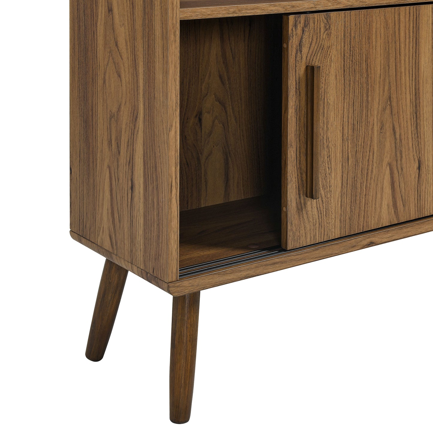 Walnut wood mid-century bookcase with sliding doors on the right and open left shelf; tapered legs.