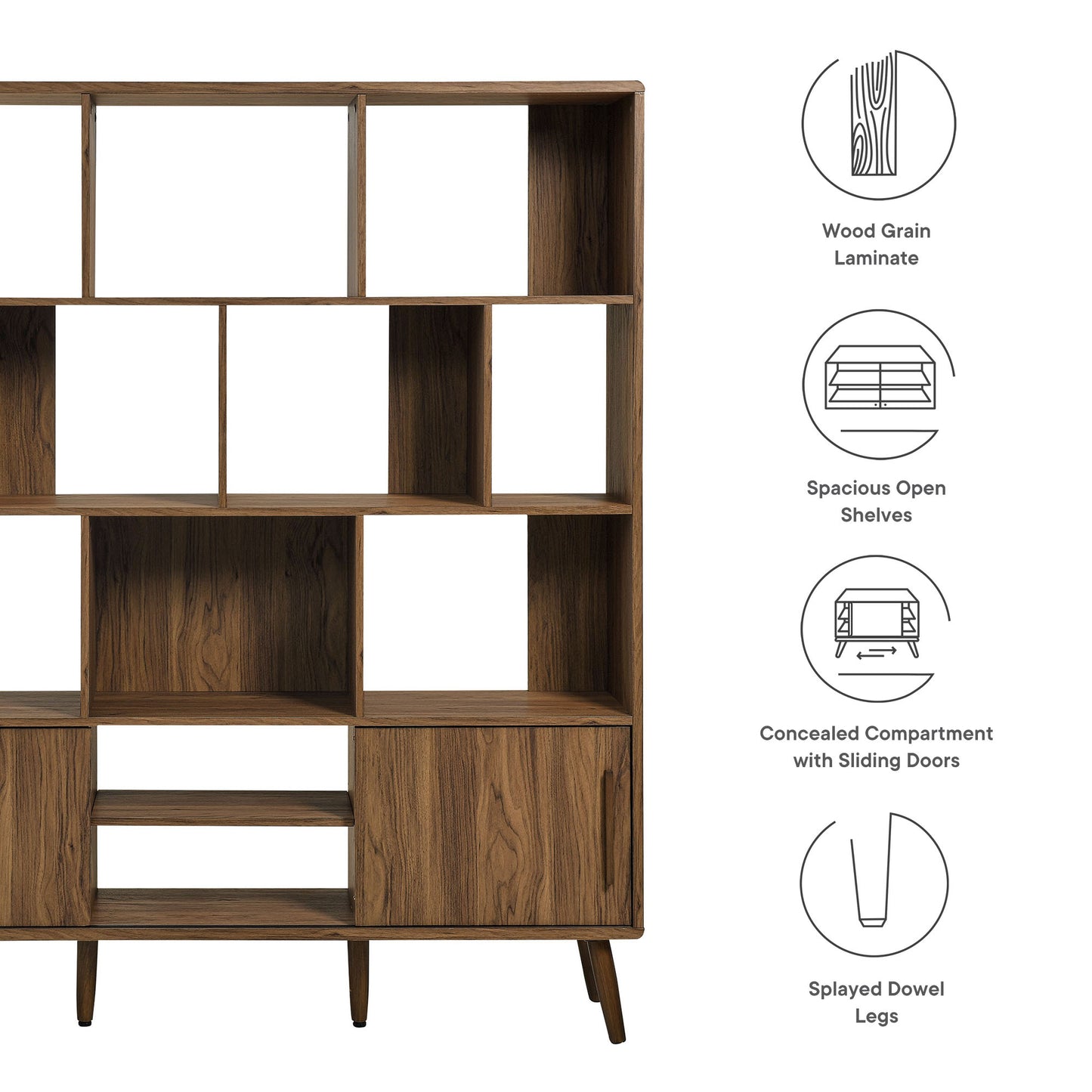 Walnut wood-grain laminate bookshelf with spacious open shelves, concealed sliding-door compartment, and splayed dowel legs.