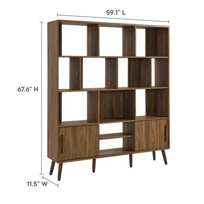 Walnut-finish mid-century modern bookcase with open cubbies, two lower cabinets, sliding doors, and tapered legs.
