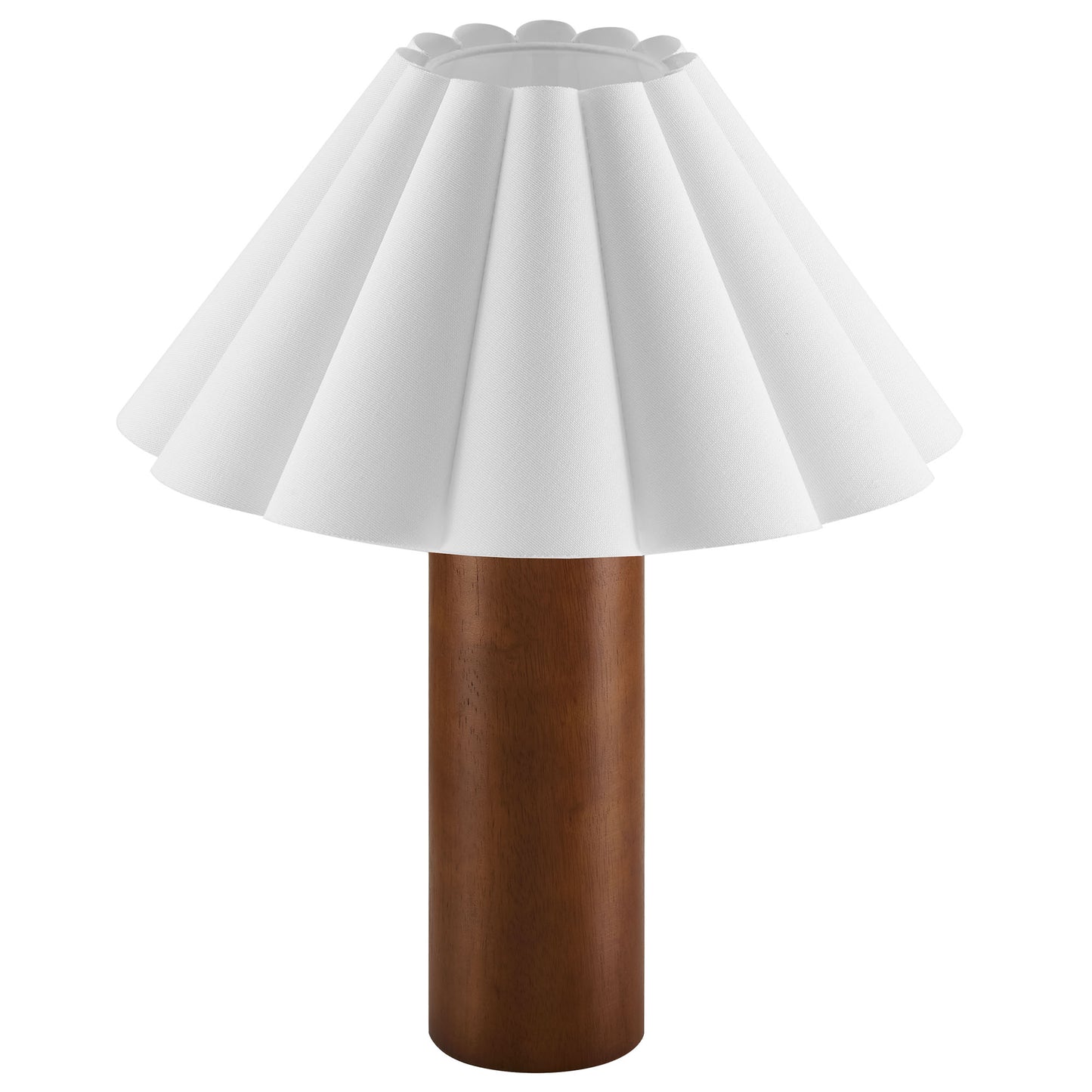 Brown wood table lamp with a pleated petal shade.