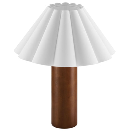 Brown wood table lamp with a pleated petal shade.