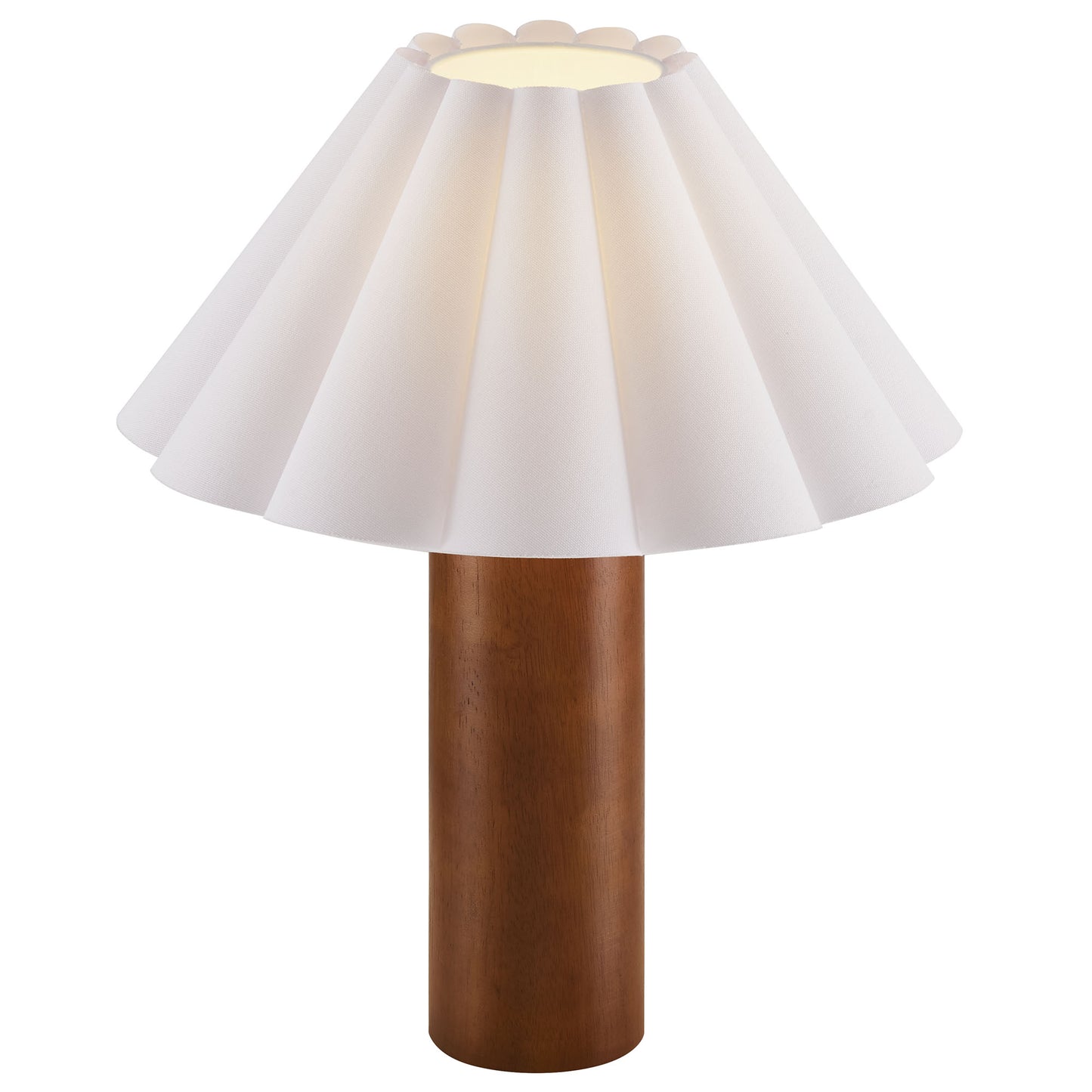 Walnut wood table lamp with a white pleated petal shade.