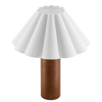Walnut wood table lamp with a white pleated petal shade atop a cylindrical base.