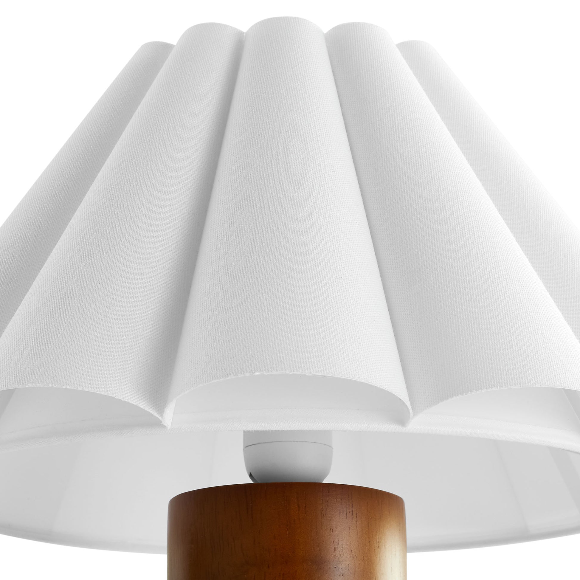 Brown walnut wood table lamp with pleated petal shade.