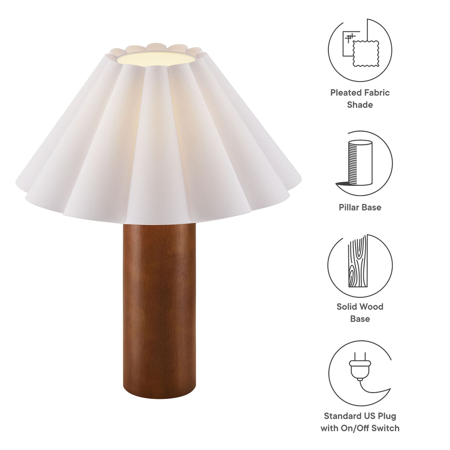 White pleated fabric shade atop a walnut wood pillar base lamp; mid-century modern table lamp with plug-in switch.