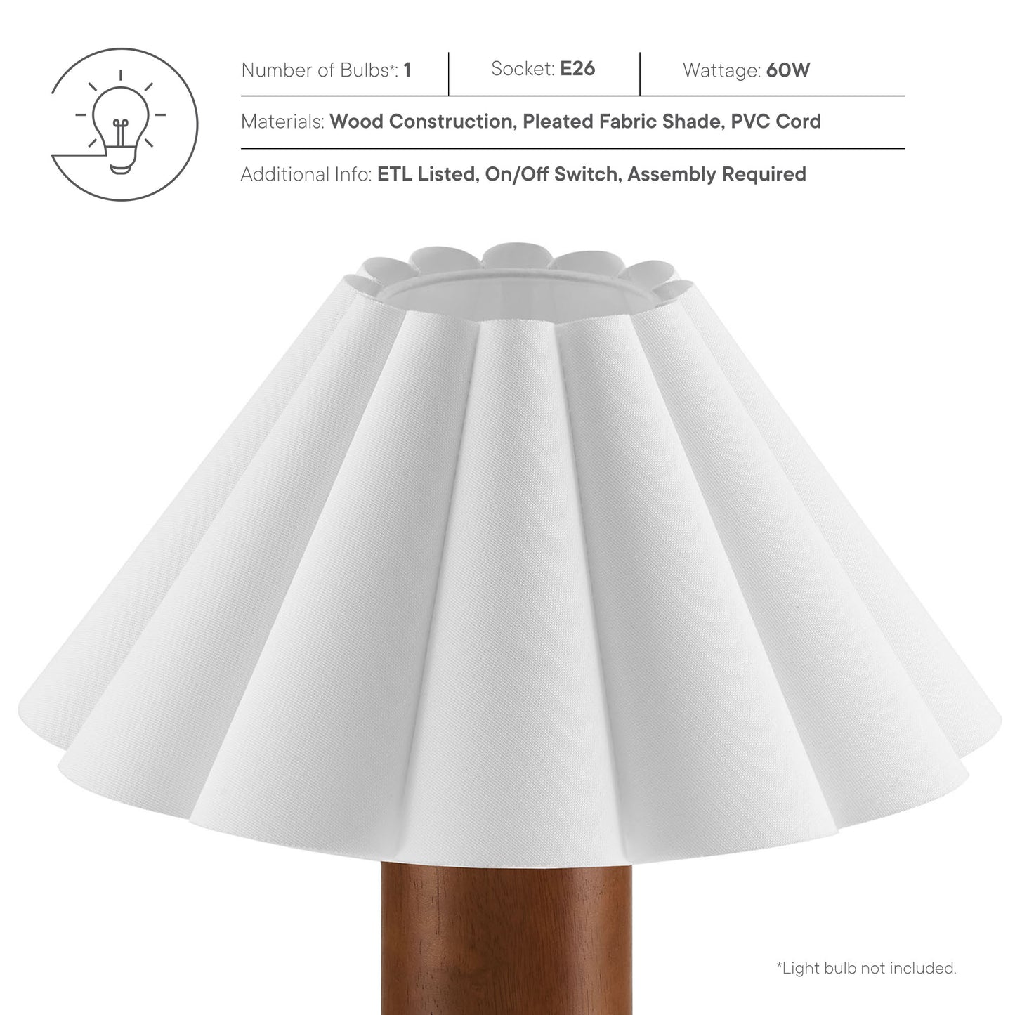 White pleated fabric lamp shade with scalloped rim atop a walnut wood base; modern rustic table lamp.