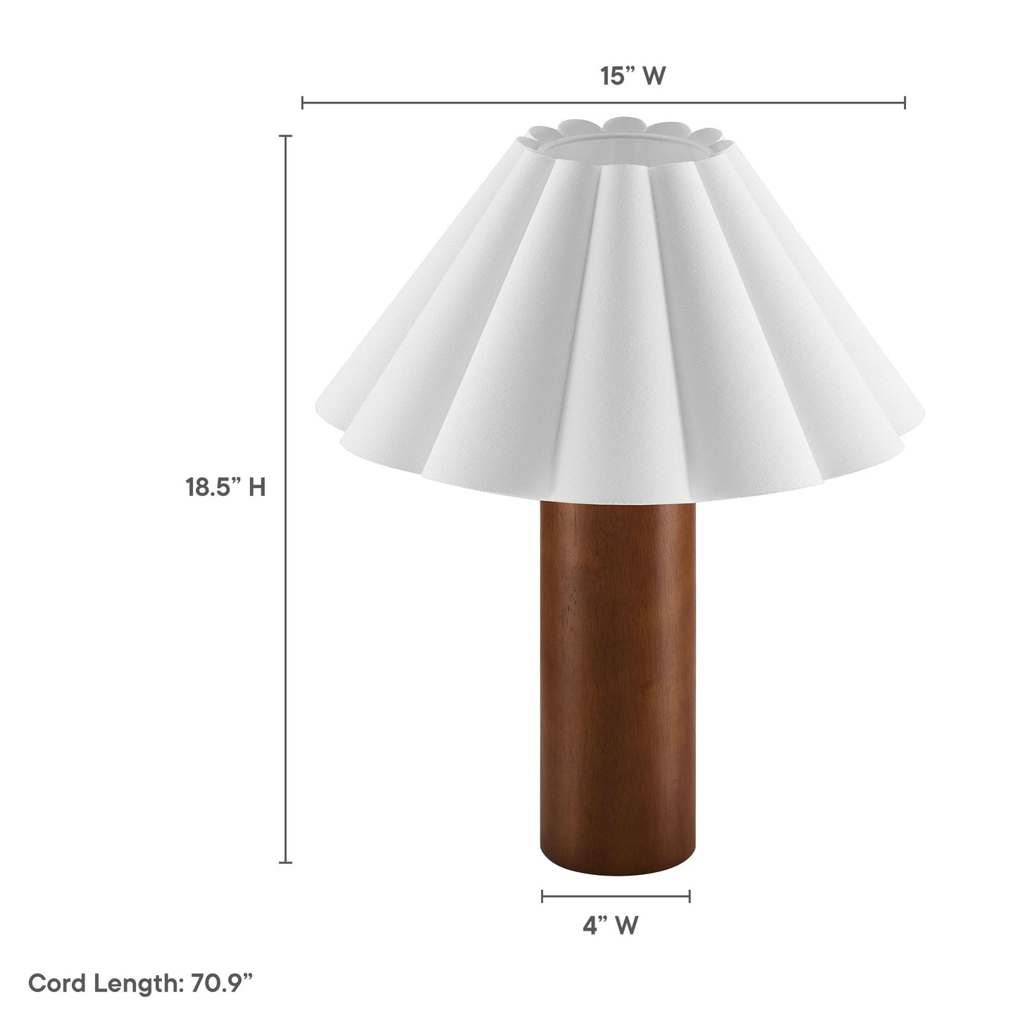White pleated lampshade atop a walnut wood cylindrical base; modern table lamp.