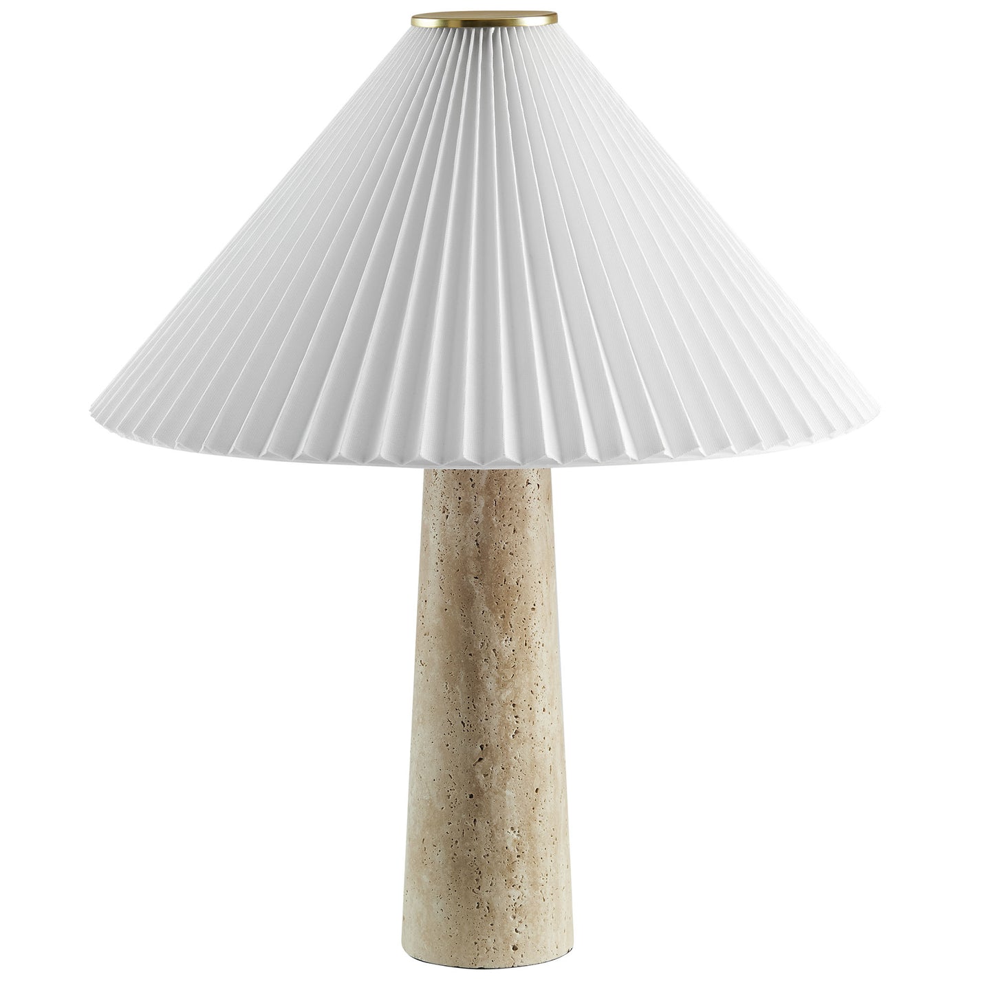 Beige travertine table lamp with speckled tapered base and white pleated shade with brass rim.