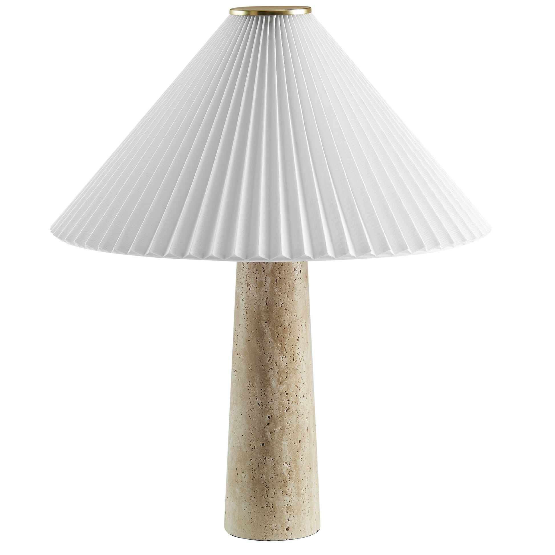 Beige travertine table lamp with speckled tapered base and white pleated shade with brass rim.