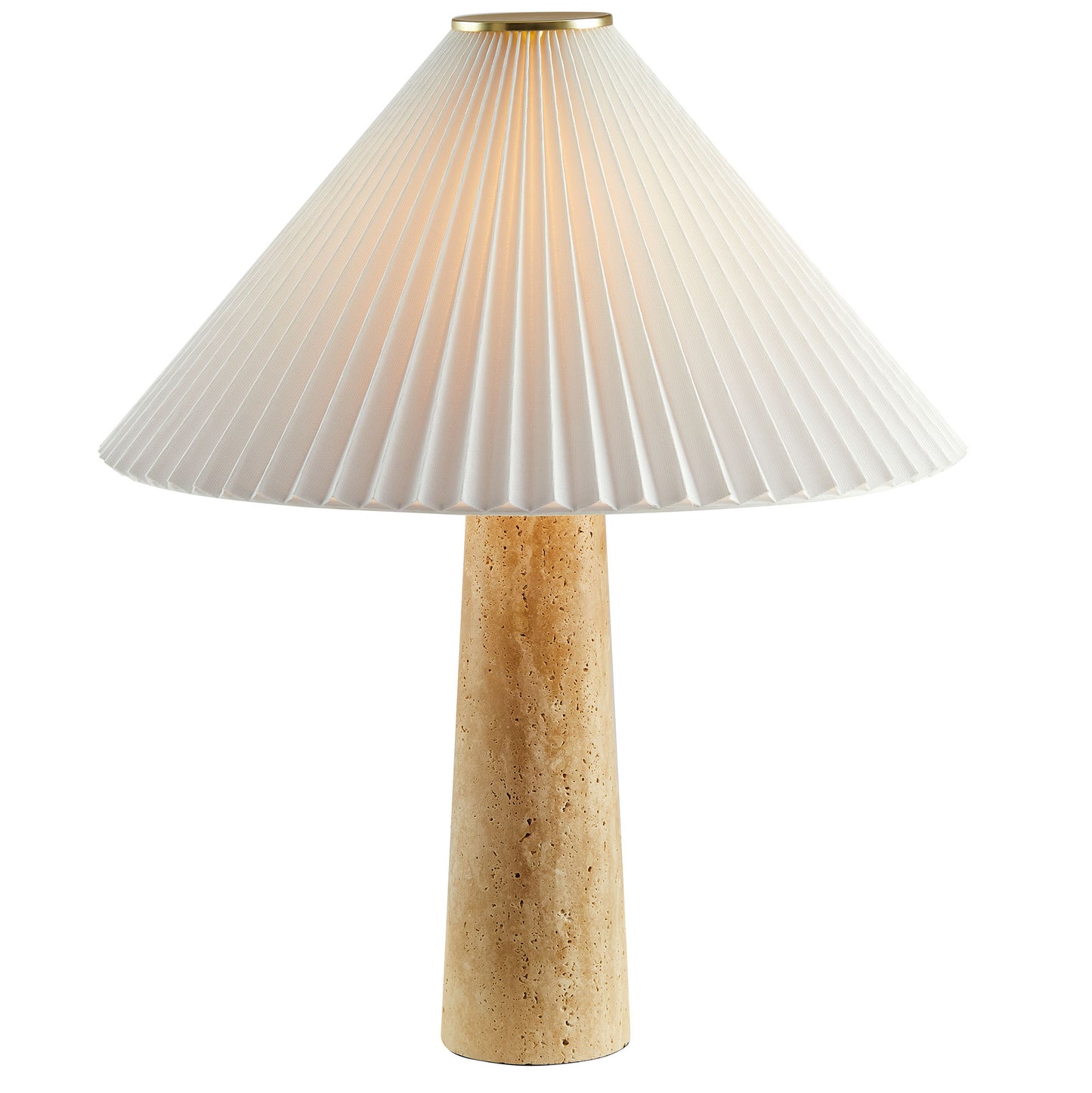 Table lamp with a tapered travertine base, pleated white shade and brass top ring.