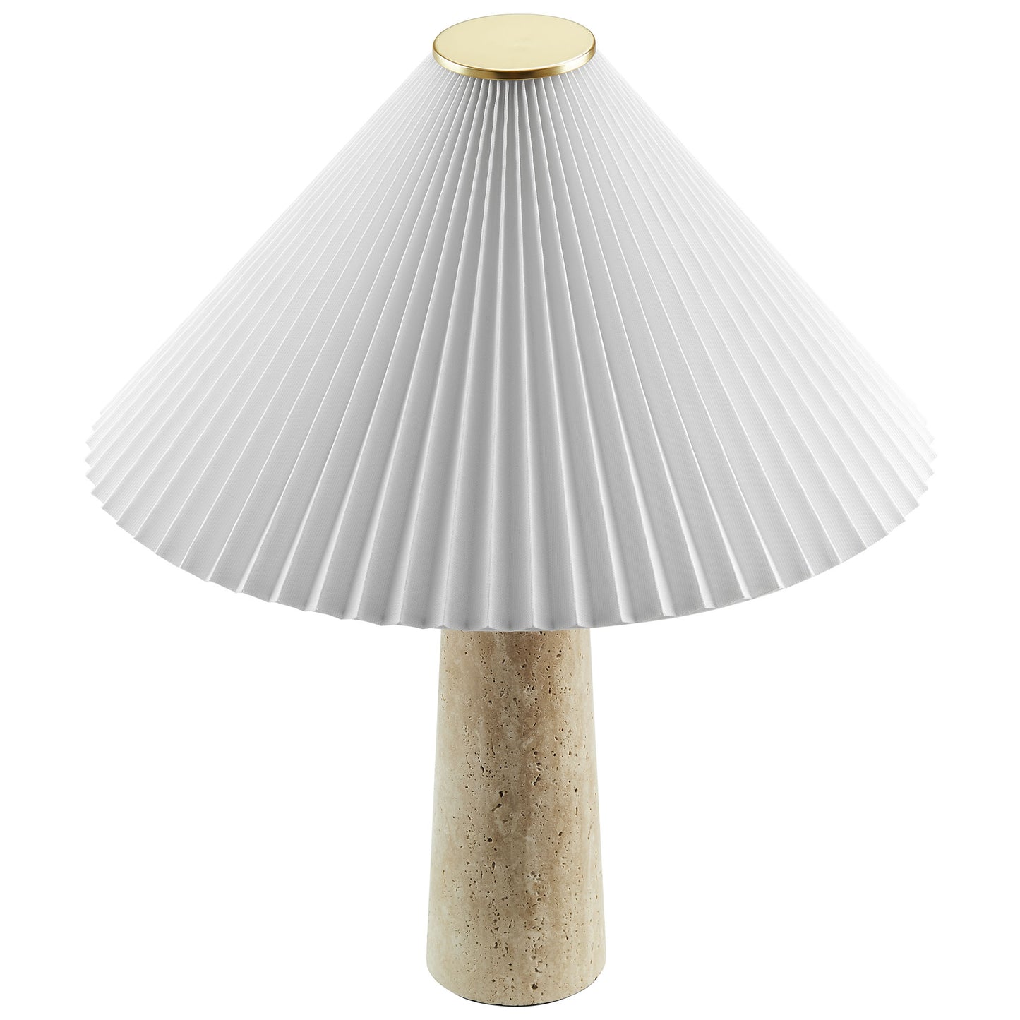 Beige cylindrical stone base table lamp with a white pleated cone shade and gold top cap.