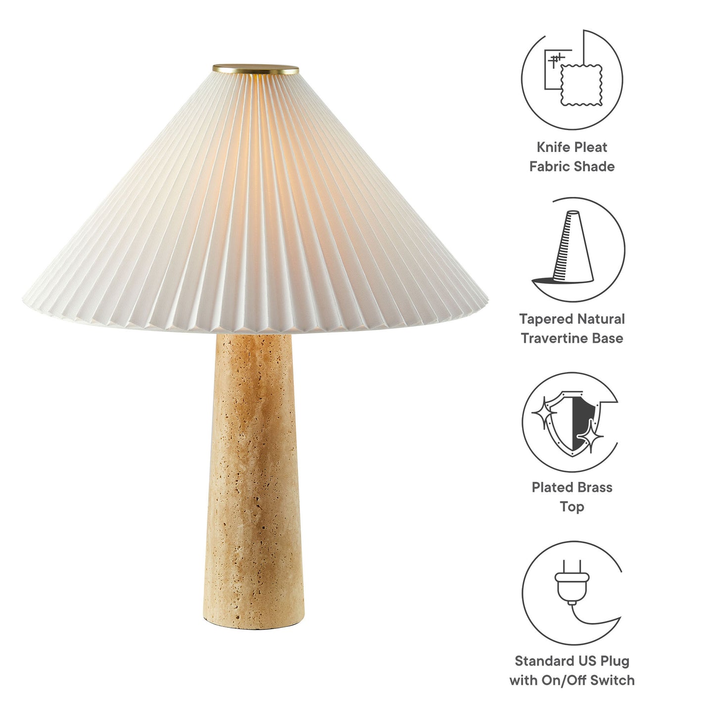Cream pleated shade on a tapered travertine base with a brass top; table lamp with a standard US plug.