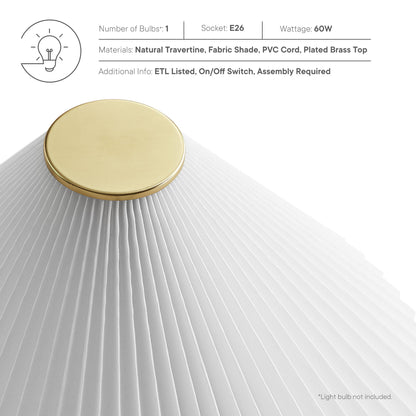 Close-up of a white pleated fabric table lamp shade with a gold brass top cap.