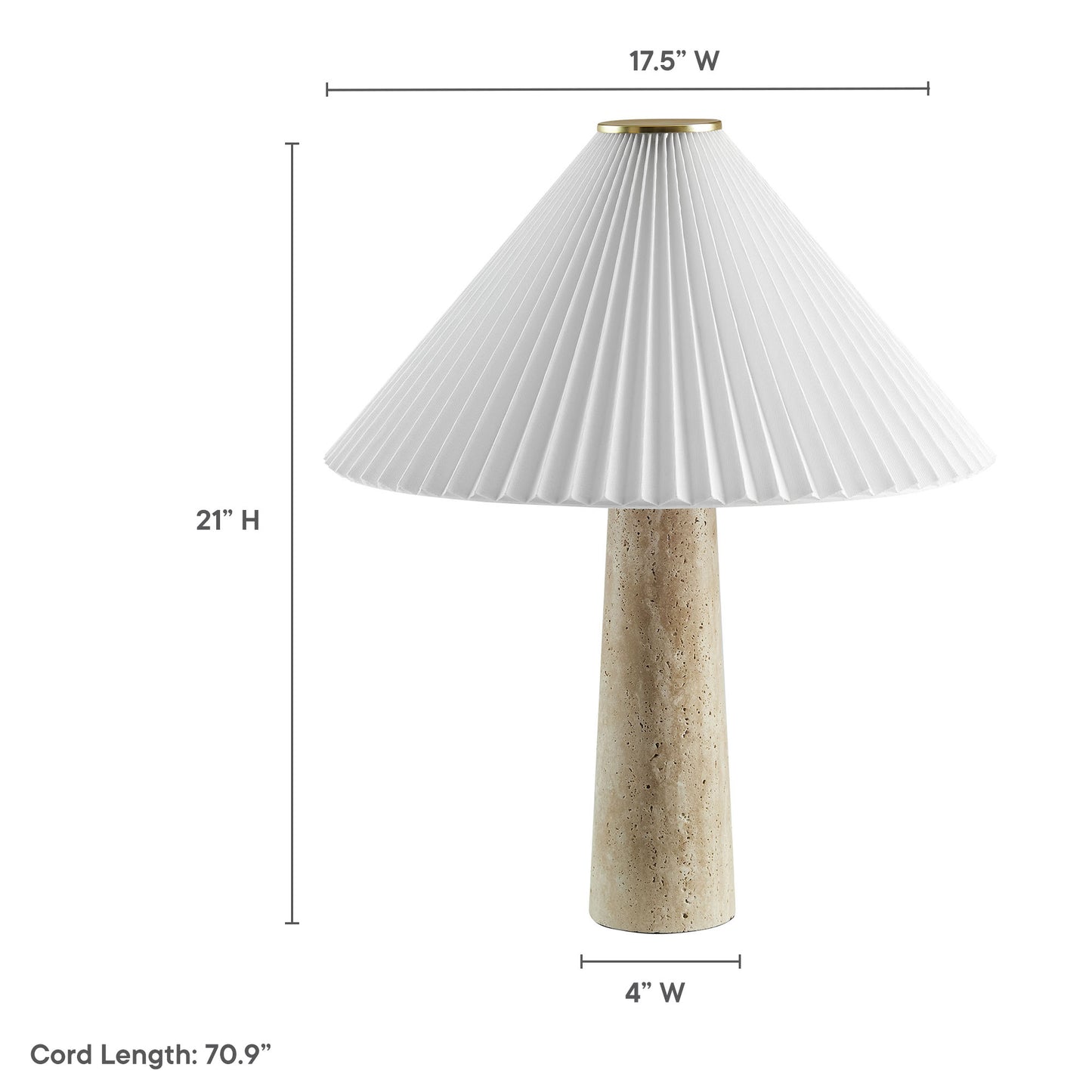 Table lamp with white pleated conical shade and speckled beige travertine cylindrical base; classic mid-century style.