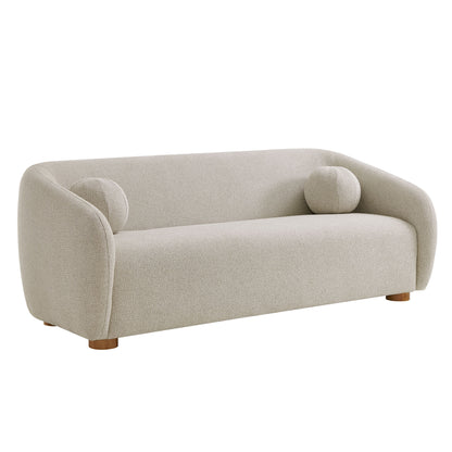 Gray textured chenille fabric sofa with rounded arms, two circular cushions, and short wooden legs.