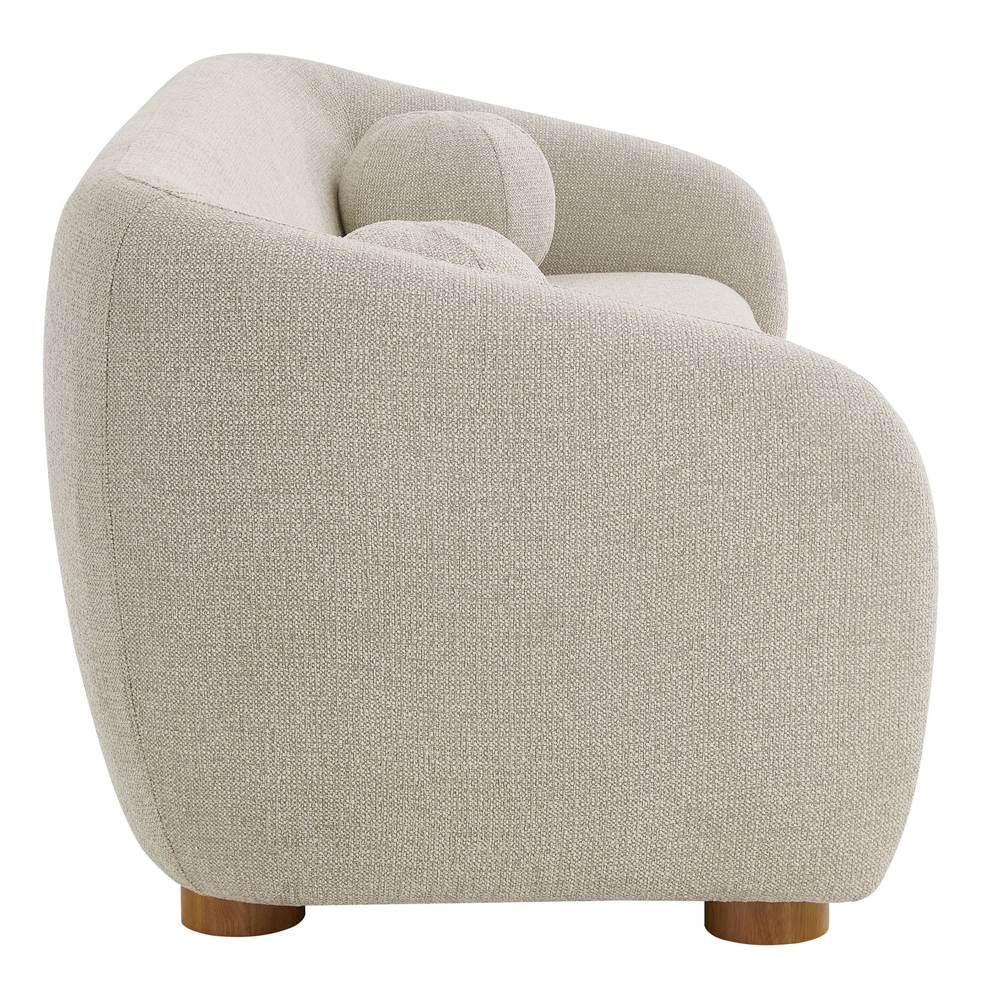 Gray chenille fabric sofa with rounded arms and back cushions, short wooden legs.