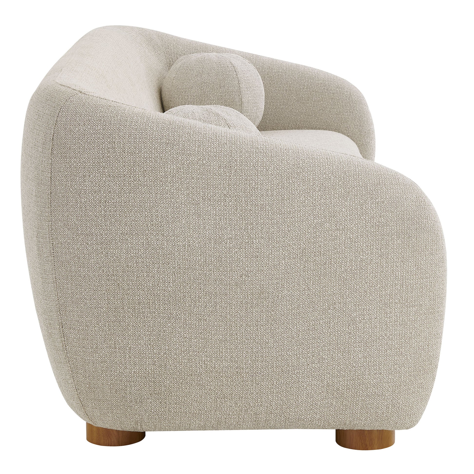 Gray chenille fabric sofa with rounded arms and back cushions, short wooden legs.