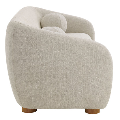 Gray chenille fabric sofa with rounded arms and back cushions, short wooden legs.