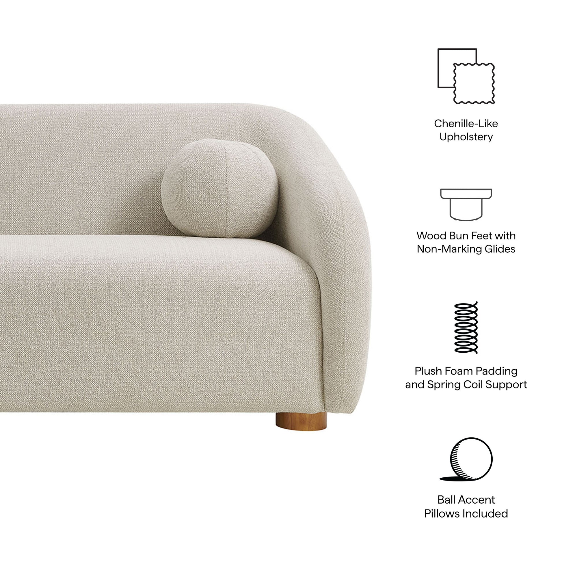 Holland sofa in gray chenille with curved arms, wood bun feet, plush foam with spring coils, ball accent pillows included.