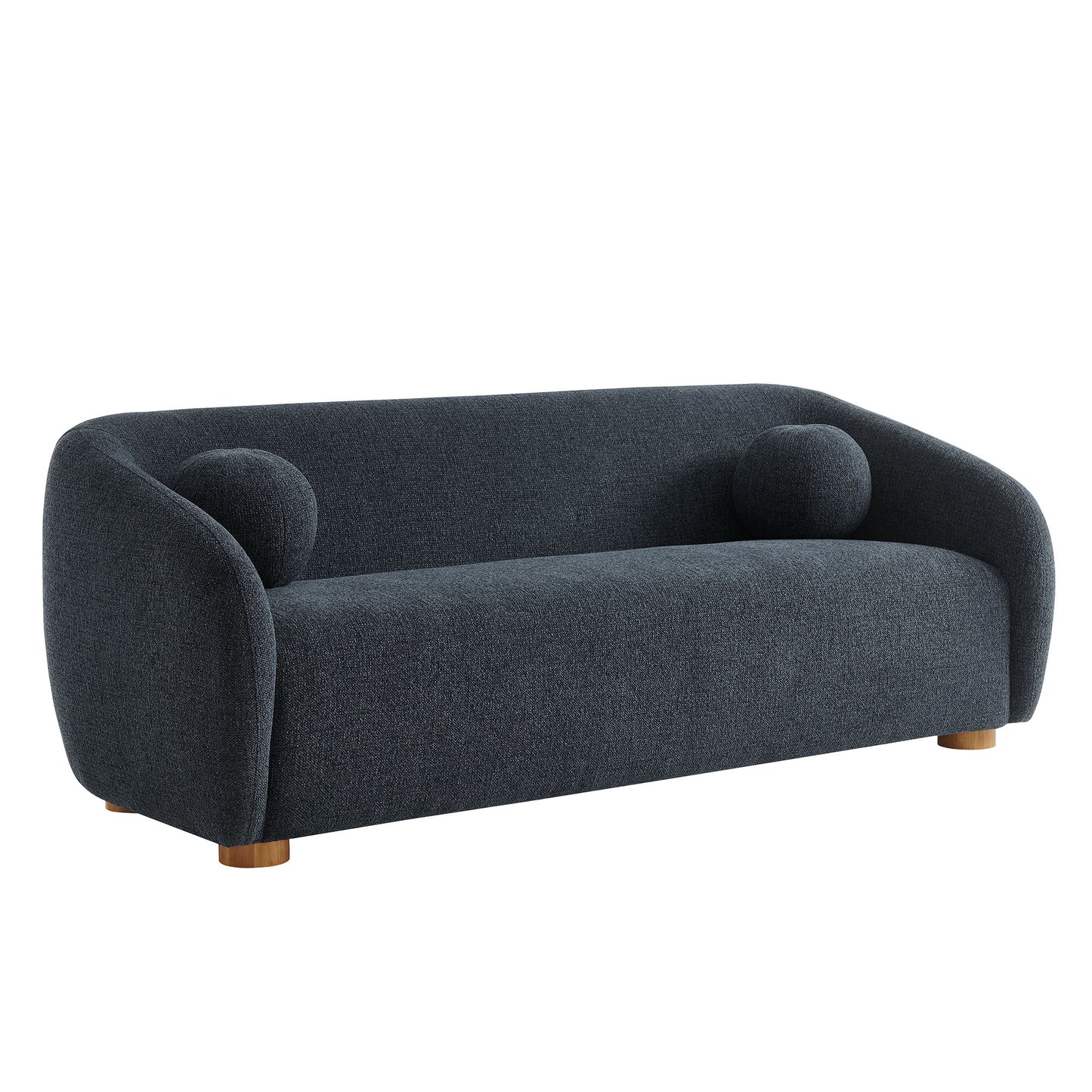 Navy blue curved sofa in fabric with rounded arms, two round cushions, and short wooden legs.