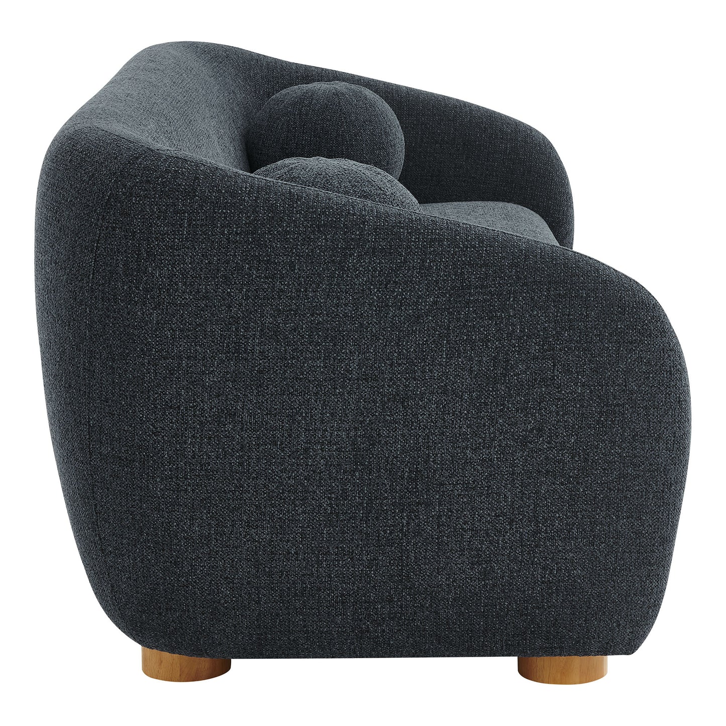Navy chenille fabric sofa with curved back and rounded arms, compact silhouette, short wooden feet.