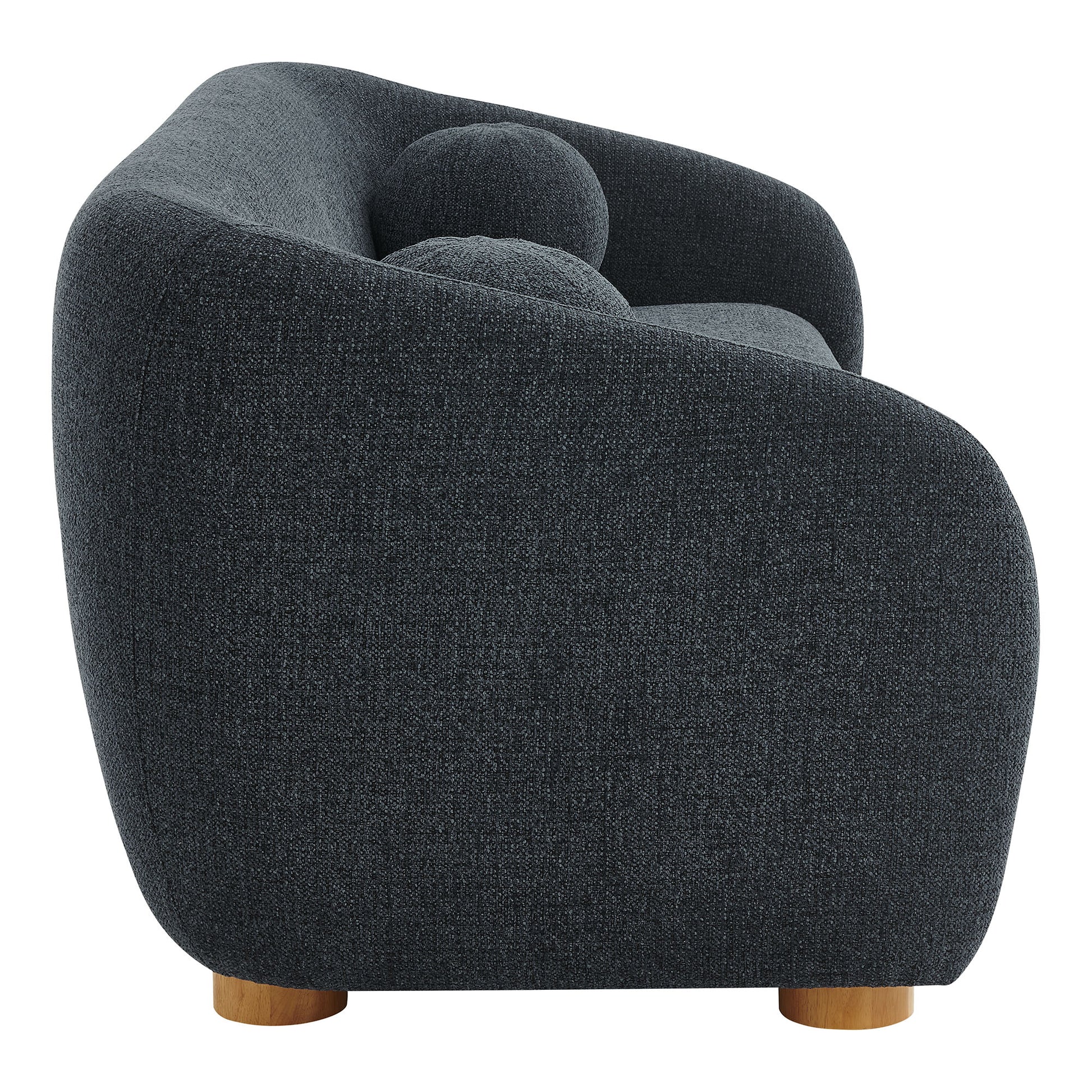 Navy chenille fabric sofa with curved back and rounded arms, compact silhouette, short wooden feet.