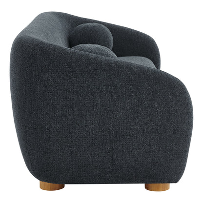 Navy chenille fabric sofa with curved back and rounded arms, compact silhouette, short wooden feet.