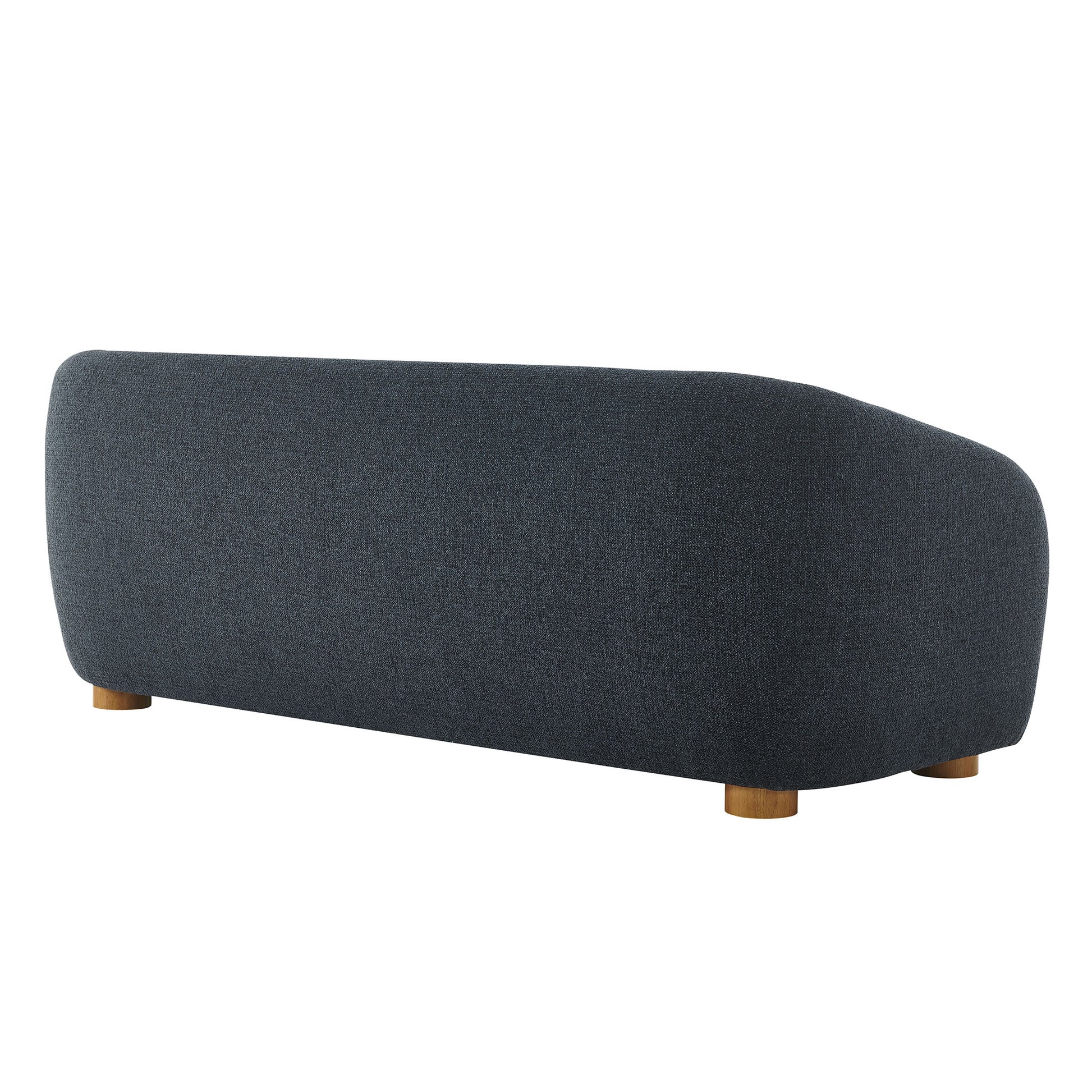 Navy chenille fabric sofa, 85 inches long, with rounded arms and short wooden legs.