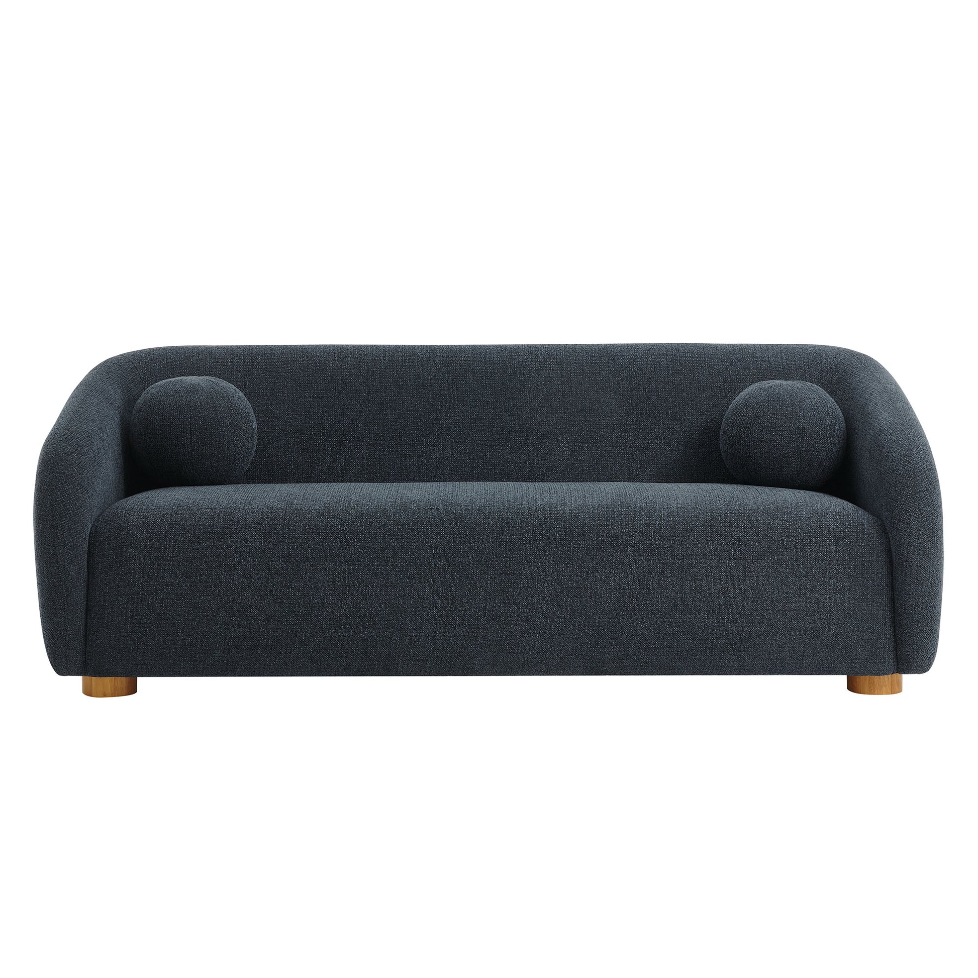 Navy blue curved fabric sofa with rounded arms, two circular accent cushions, and short wooden legs.