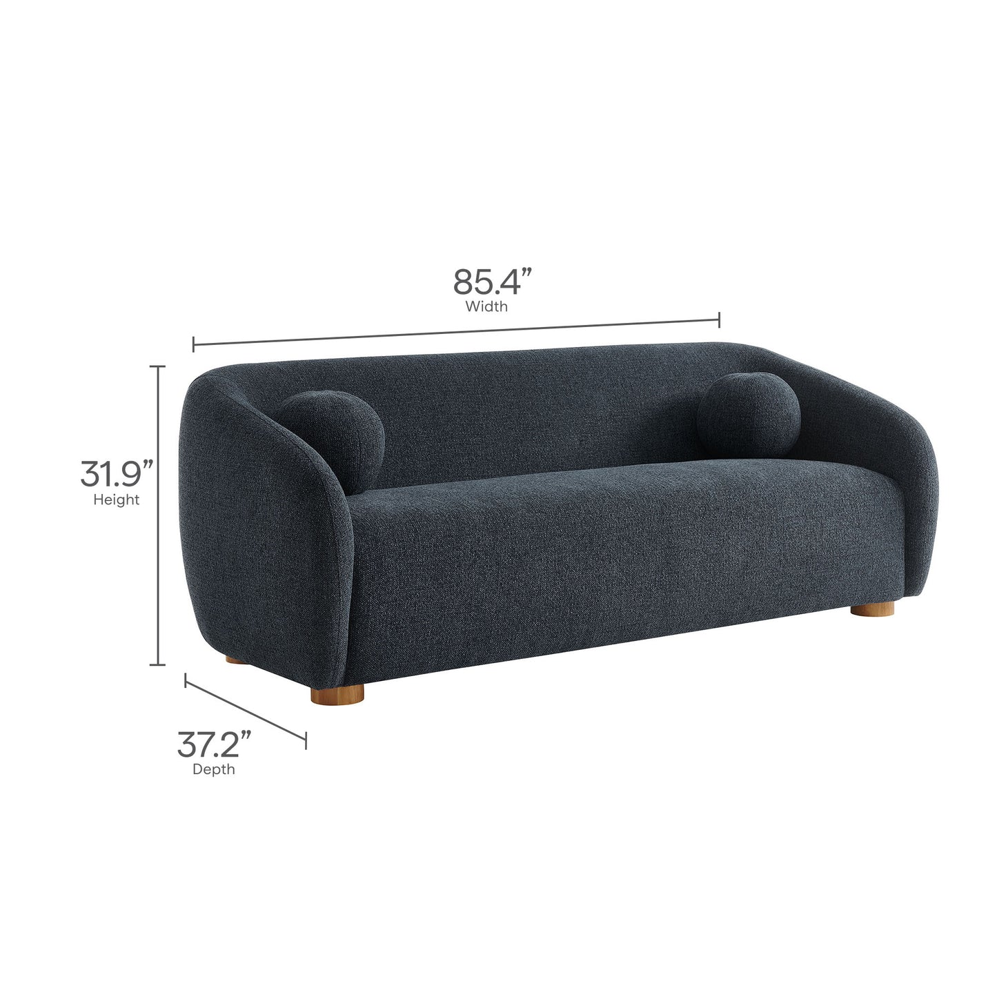 Navy blue fabric sofa with curved arms, two round cushions, and short wooden legs in a modern lounge style, 85.4in wide.