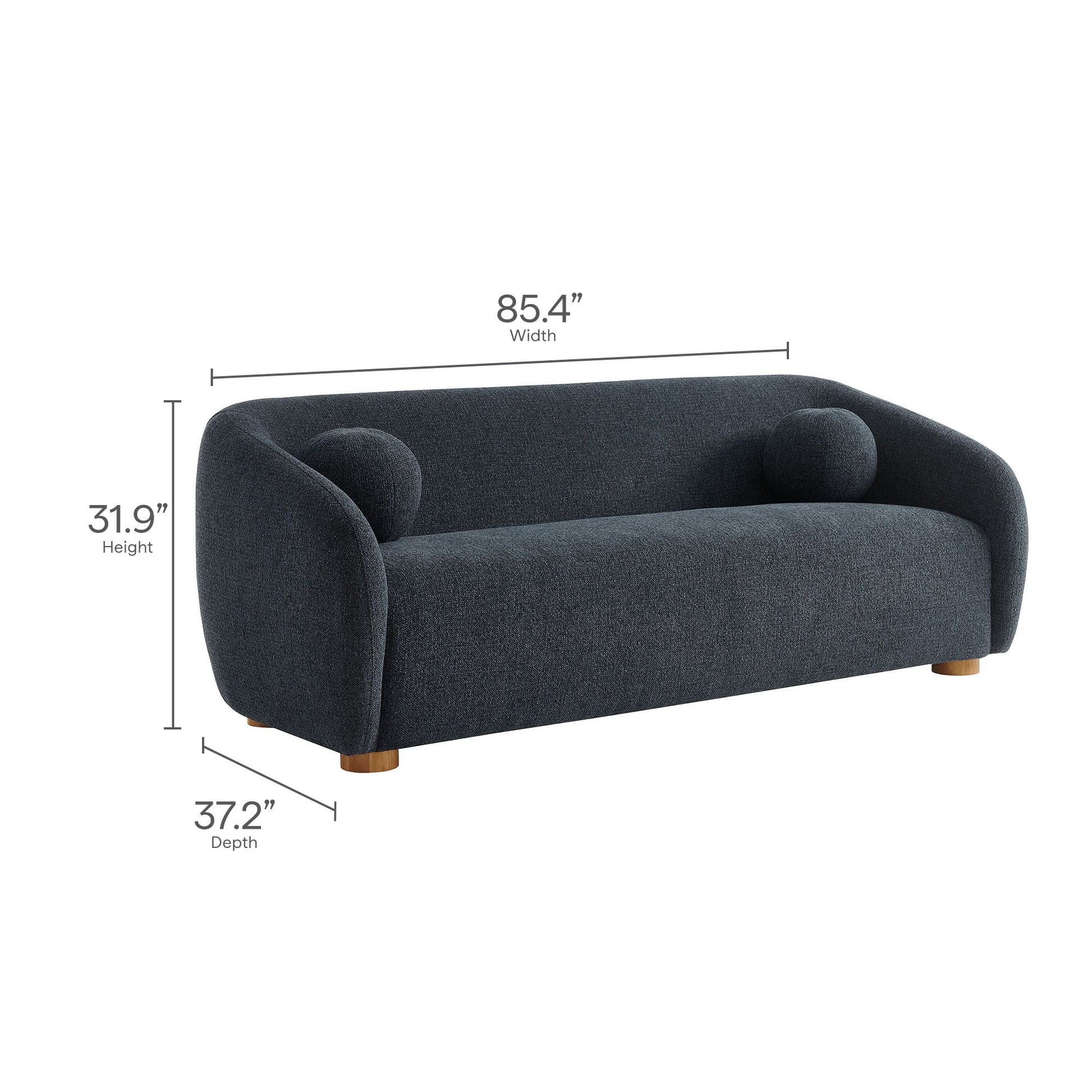 Navy blue fabric sofa with curved arms, two round cushions, and short wooden legs in a modern lounge style, 85.4in wide.