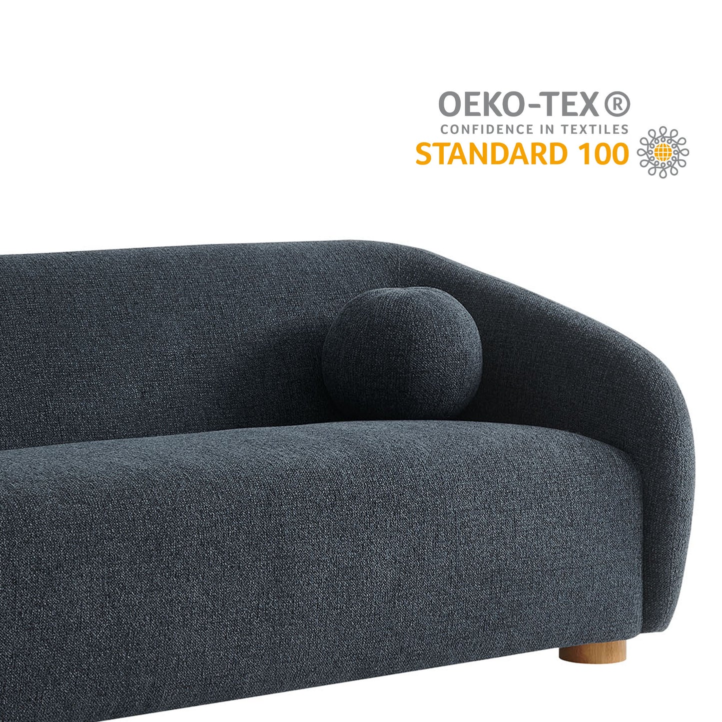 Dark navy woven fabric sofa with curved back, round bolster cushion, low wooden legs, modern living-room style.