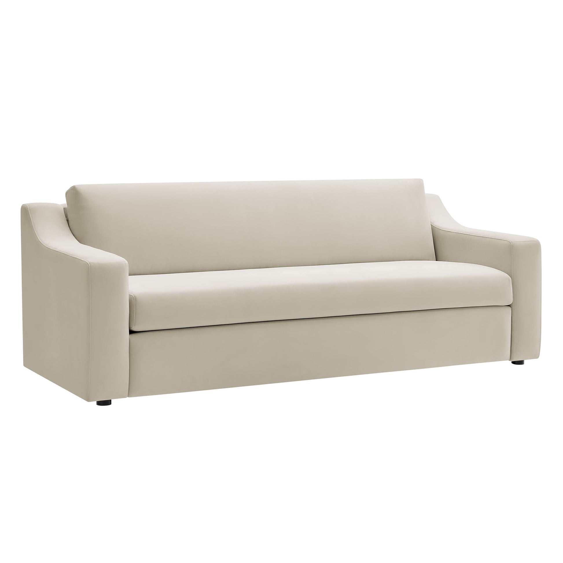 White velvet sofa with a straight back and three-seat cushions in a modern minimalist style.