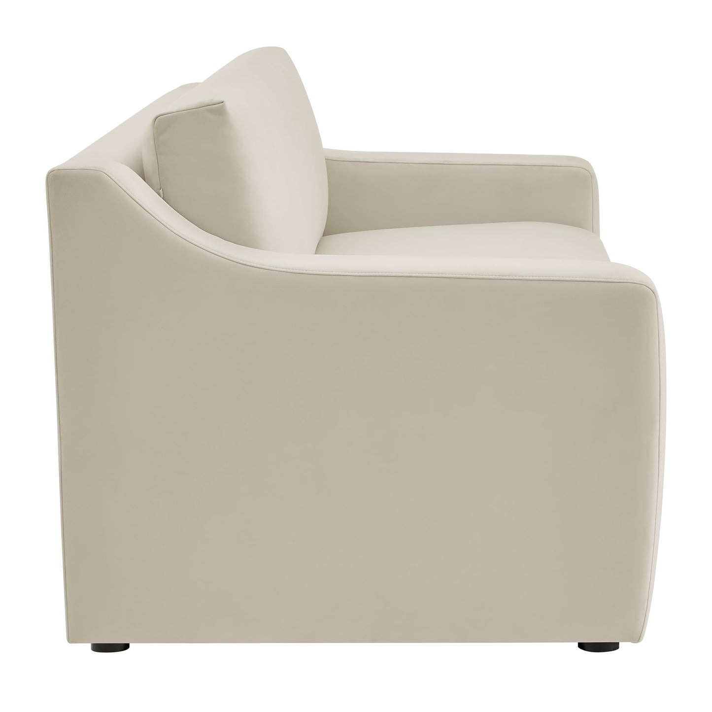 Beige fabric upholstered sofa with rounded arms & plush cushions, modern lounge style.