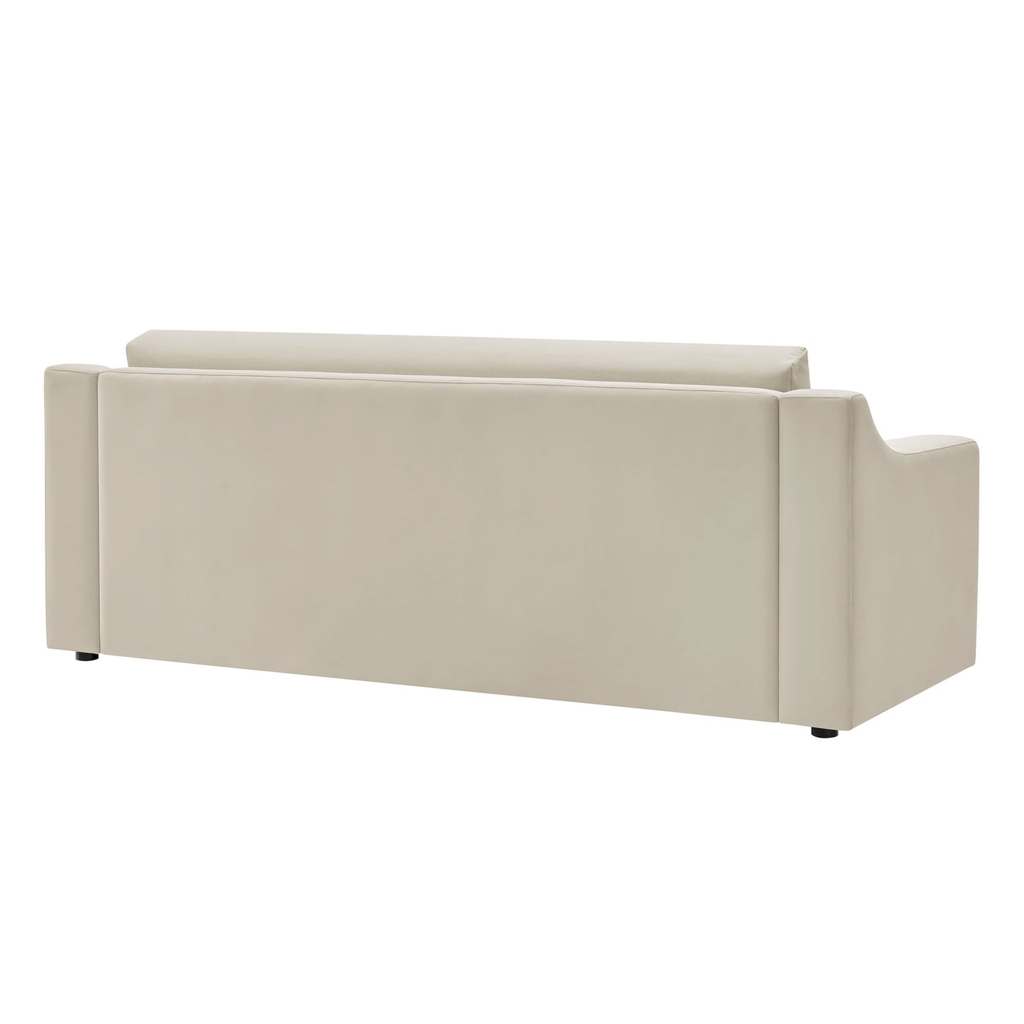 White velvet 3-seat sofa with clean lines, low back, square arms, and short black legs.