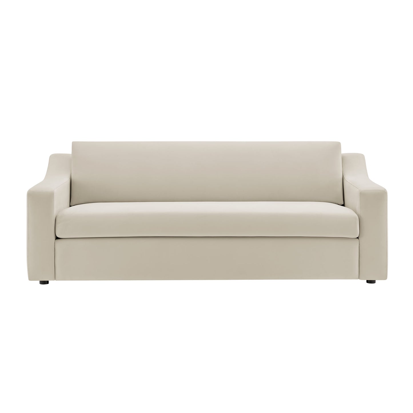 White velvet 3-seat sofa with square arms and low back, modern minimalist living room seating.