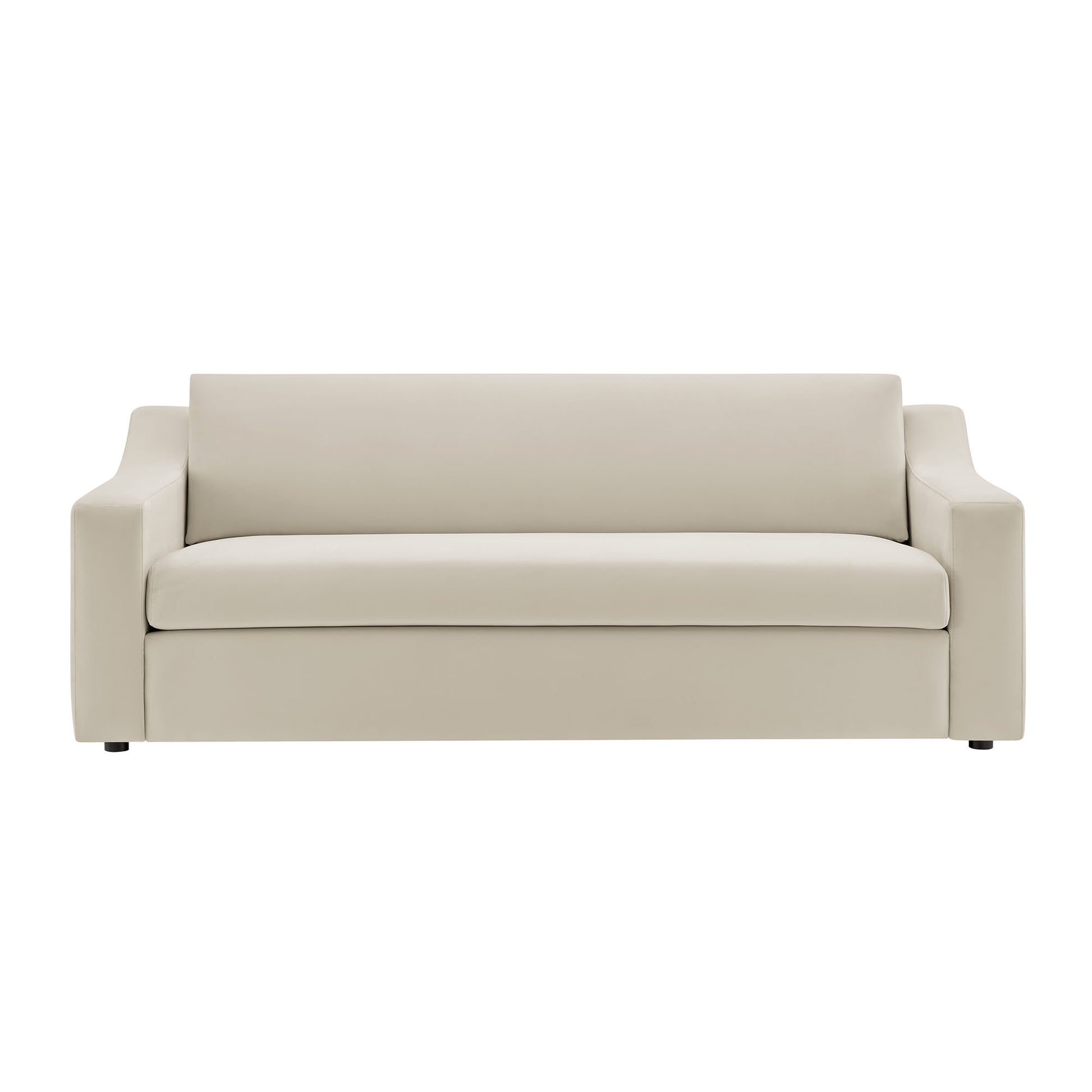 White velvet 3-seat sofa with square arms and low back, modern minimalist living room seating.