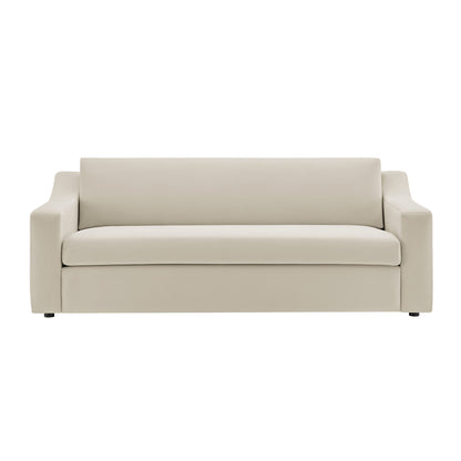 White velvet 3-seat sofa with square arms and low back, modern minimalist living room seating.