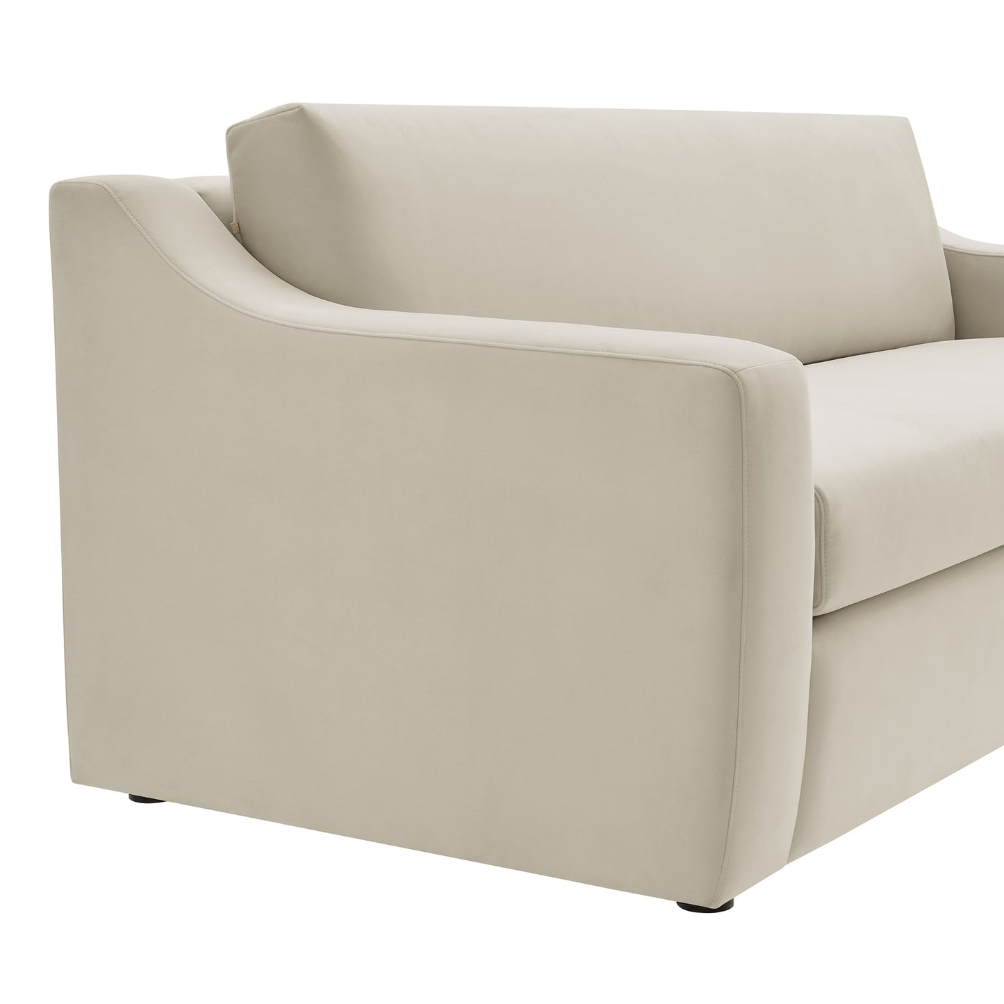 White velvet sofa with curved arms and plush cushions, modern compact design.